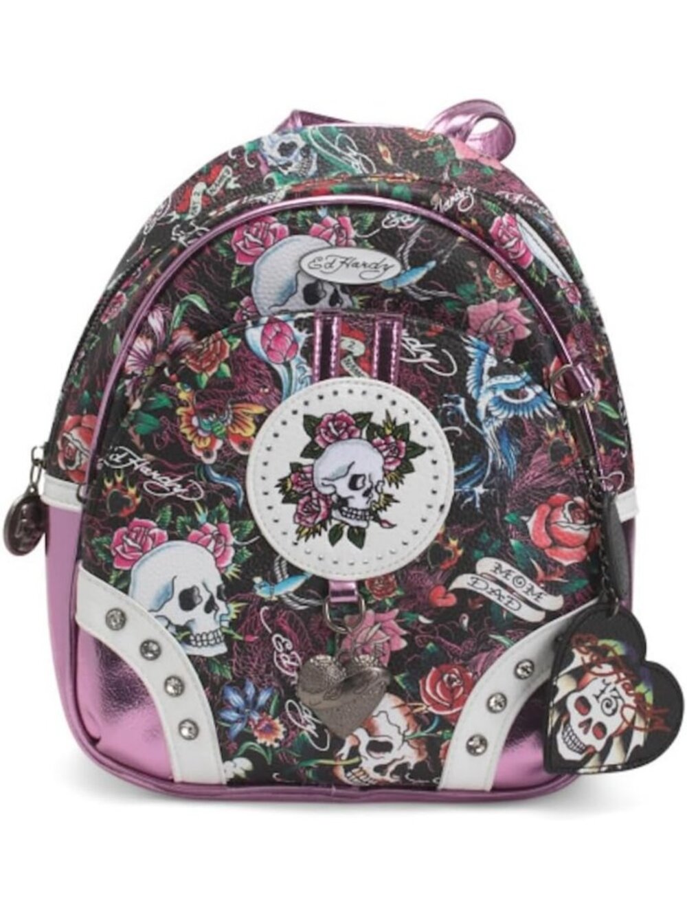 Mini Heather Backpack - Skull & Rose Print, Black Floral Tattoo Style, Stylish